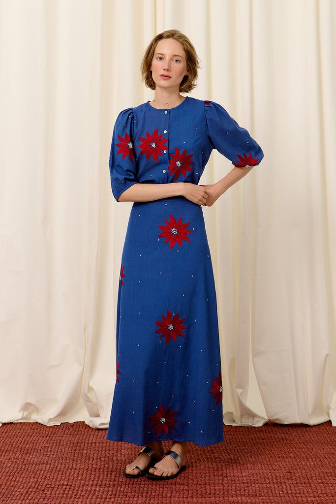 LONG DENIM FLORAL EMBRODIERY DRESS