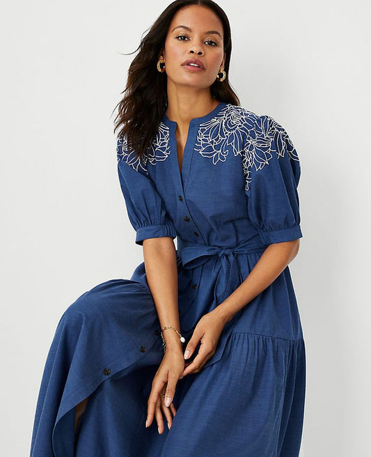 DENIM LONG DRESS EMBROIDERY