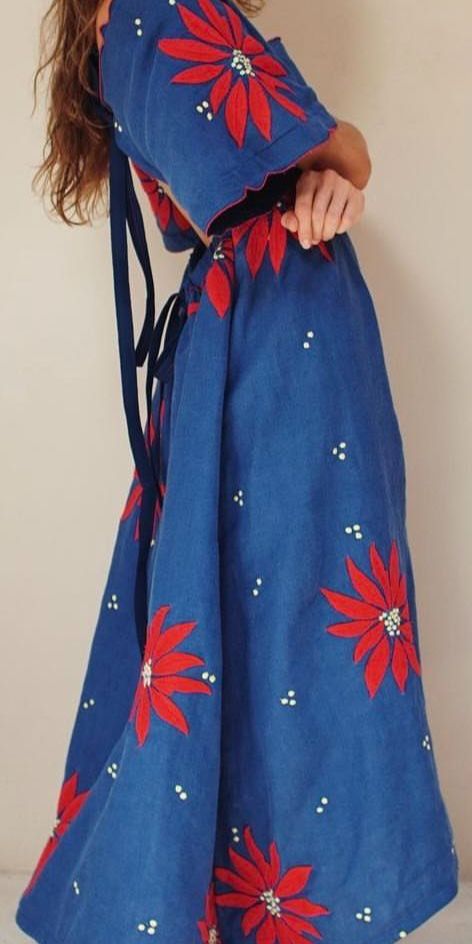 LONG DENIM FLORAL EMBRODIERY DRESS